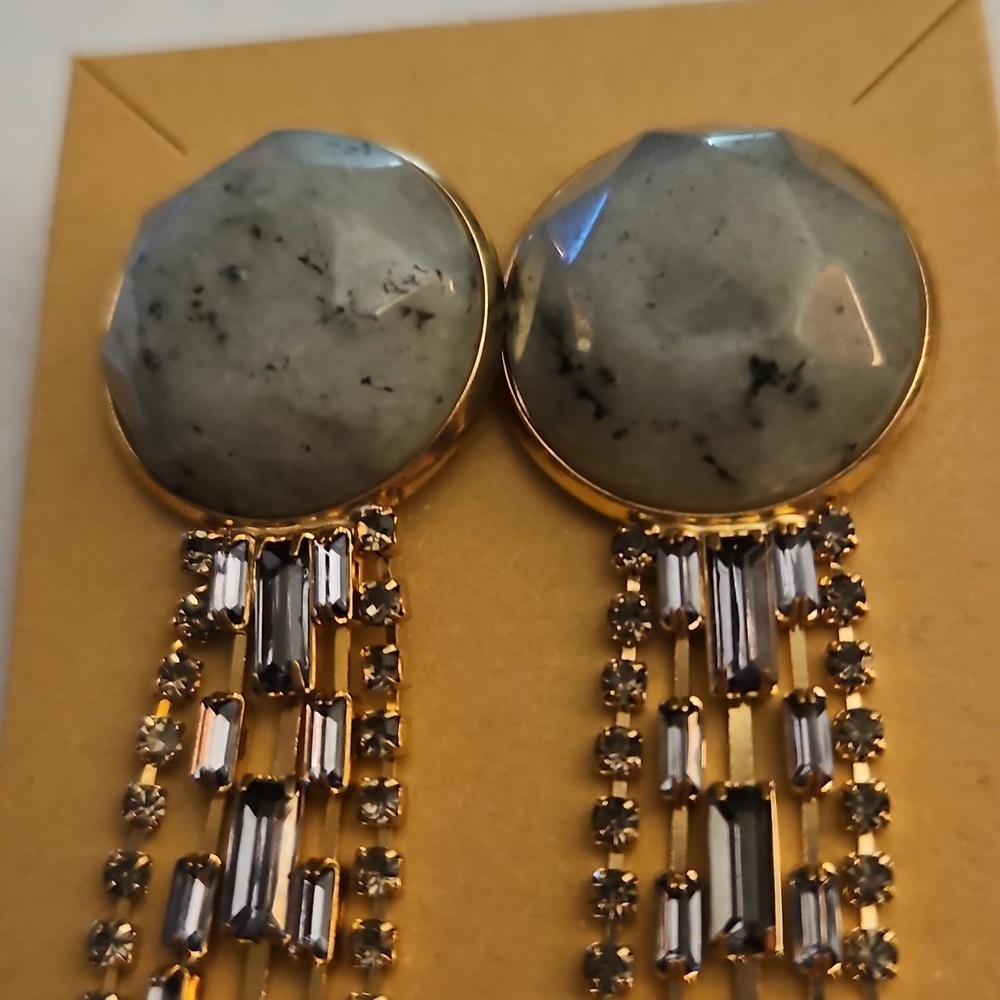 3/$30 Acrylic Stone Goldtone Fringe Festival Dangle Post Earrings - Picture 3 of 5
